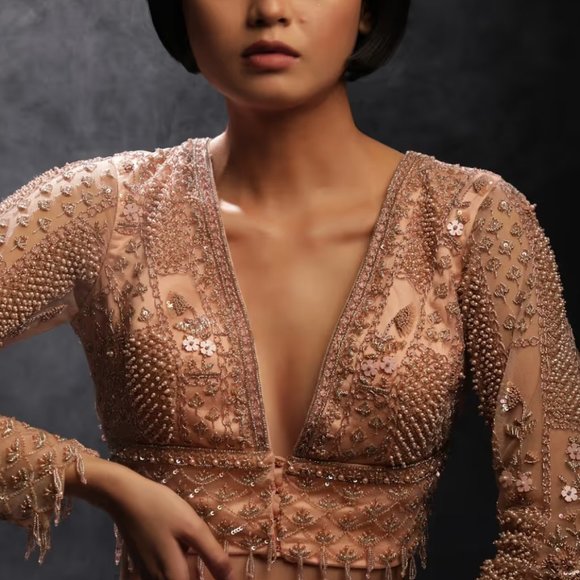 Peach And Silver Ombre Lehenga Embellished In Sequins And Hand Embroidered Choli - Picture 5 of 6